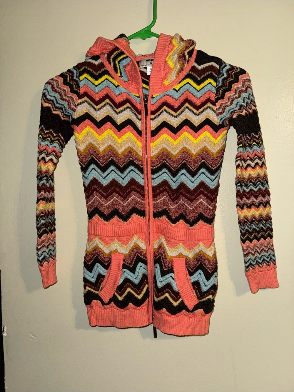 Missoni Coral Multi Zigzag Knit Hooded Cardigan